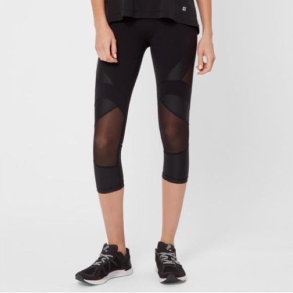 SWEATY Betty Black Leggings Power Wetlook Mesh Crop XS - Picture 1 of 12